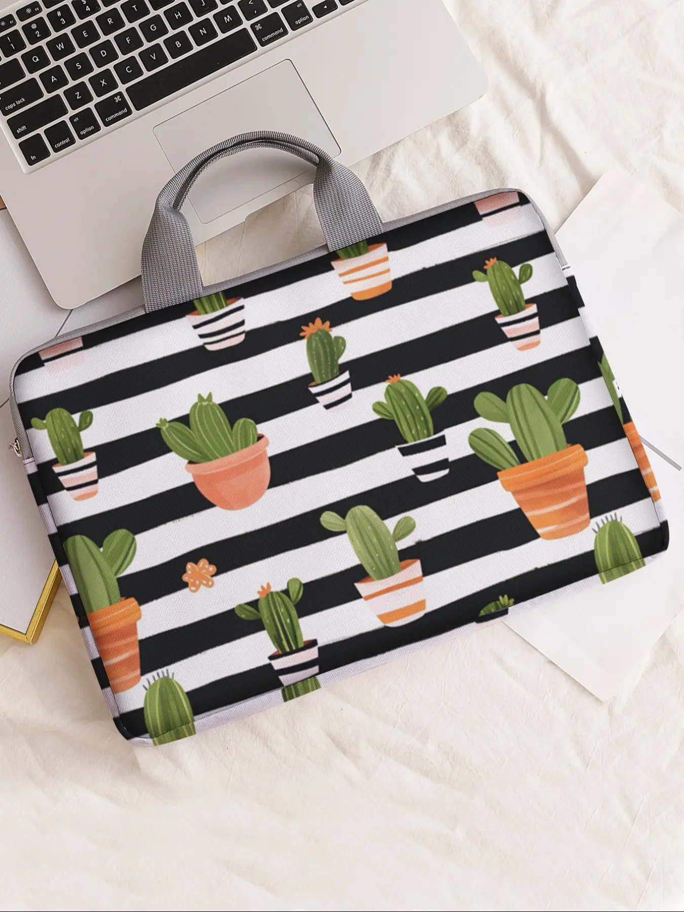 Cactus Pattern Printed Notebook Bag, Soft Laptop Sleeve, Tablet Case, Zipper Storage Pouch, Casual Style, All Seasons
