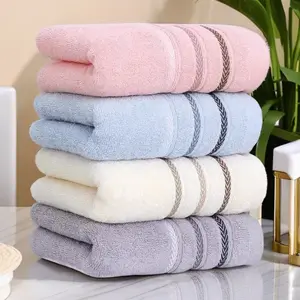 4pcs Ultra Soft Towel Set, Upgrade Thick Super Absorbent Lightweight Blue, Home Bathroom Essential, Strengthened Edge Striped Design