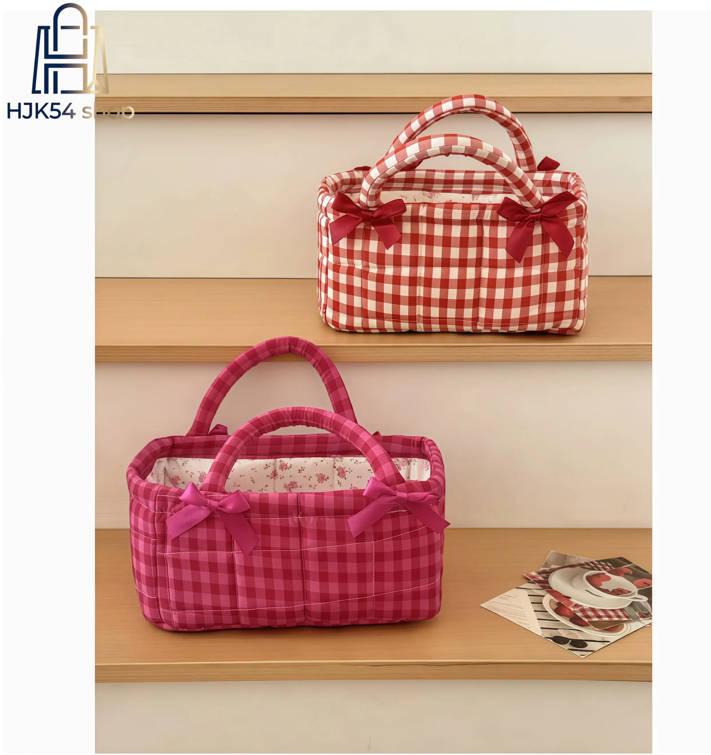 Vermilion Gingham Storage Basket, Coquette Quilted Cotton Organizer with Floral Lining & Bow Handles for Nursery Diaper and Bedroom Organization, Vermilion Grid (Small), Gentle Touch For Baby's Belongings, Keeps Items Separate