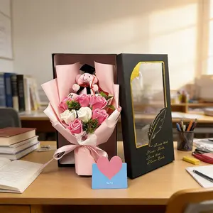 Graduation Bouquet Gift Box with Pink Teddy Bear & Grad Cap, Preserved Rose Flower Bouquet in Premium Black Gift Box, Perfect Graduation Photo Prop & Souvenir for Her, College High School Graduation Gift