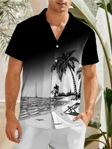 Men's Beachwear Coconut Tree Sailboat Tropical Graphic Shirt, Collared Gradient Cuban Collar Short Sleeve, Loose Fit Casual Summer Vacation Aesthetic Style, Fast shipping