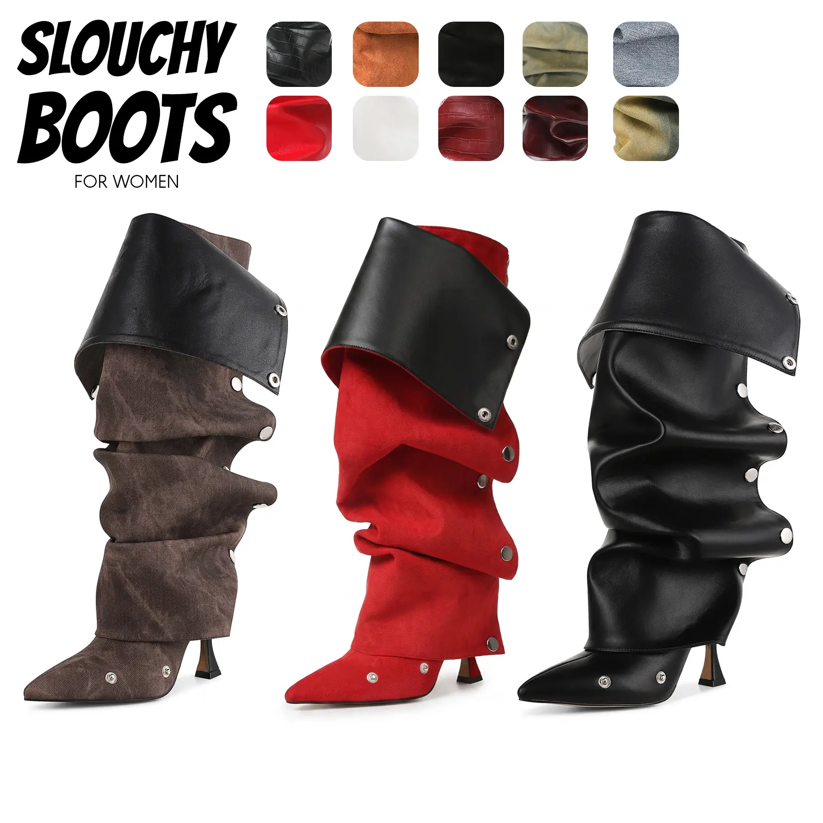 Slouchy Boots for Women Mid Calf Pointed Toe Stiletto High Heel Fold Over Boots Ruched Detachable Snap Off Panel Silver Button Zipper Pull On Party Wedding Concert Fashion Boots