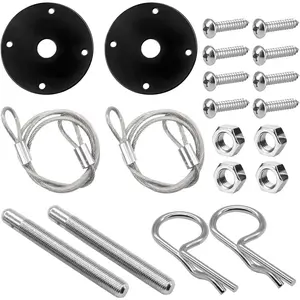Hood Pins Kit, Stainless Steel Automotive Engine Hood Pin Lock Clip with Racing Lanyard,  Exterior Engine Cover Lock Accessories, Universal for RV, SUV,  (Black)