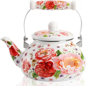 2.6 Quart Enamel Teapot for Stove Use, Large Porcelain Enamel Teapot, 2.5 Liter Vintage Teapot with Ceramic Cool Handle, Colorful Floral Steel Teapot for Hot Water, Vintage Decoration, No Whistling Function