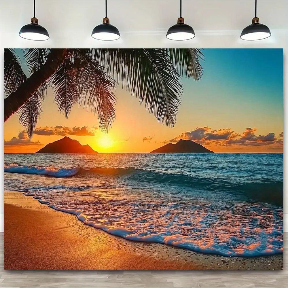 1pc 2D Flat Hawaiian Sunrise Beach Backdrop - Palik Beach Scenery with Palm Trees, Sunset Sky, Ocean Waves, Reusable Polyester Party Wall Decor, Birthday Bedroom Hanging Banner, Party Decor, Flat Backdrop, Happy Birthday, Instant Beach Vibe