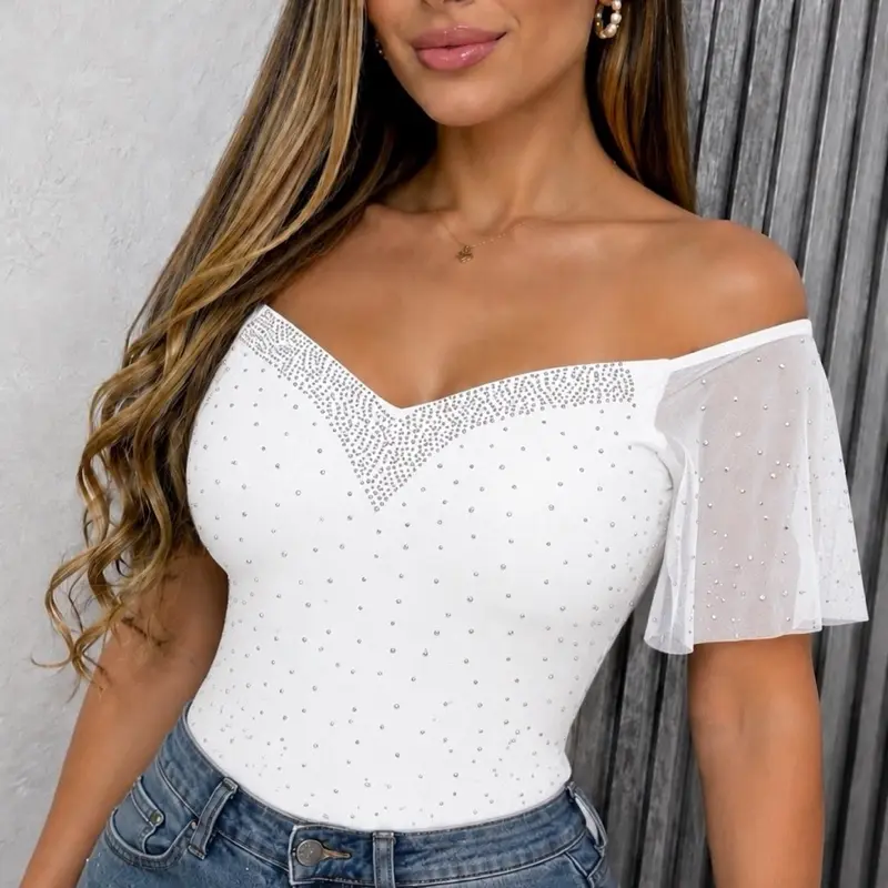 Women's Off-Shoulder Rib-Knit Dressy Top, Elegant Blouse with Rhinestone Embellished Mesh Flutter Sleeves, M, Dressy Tops