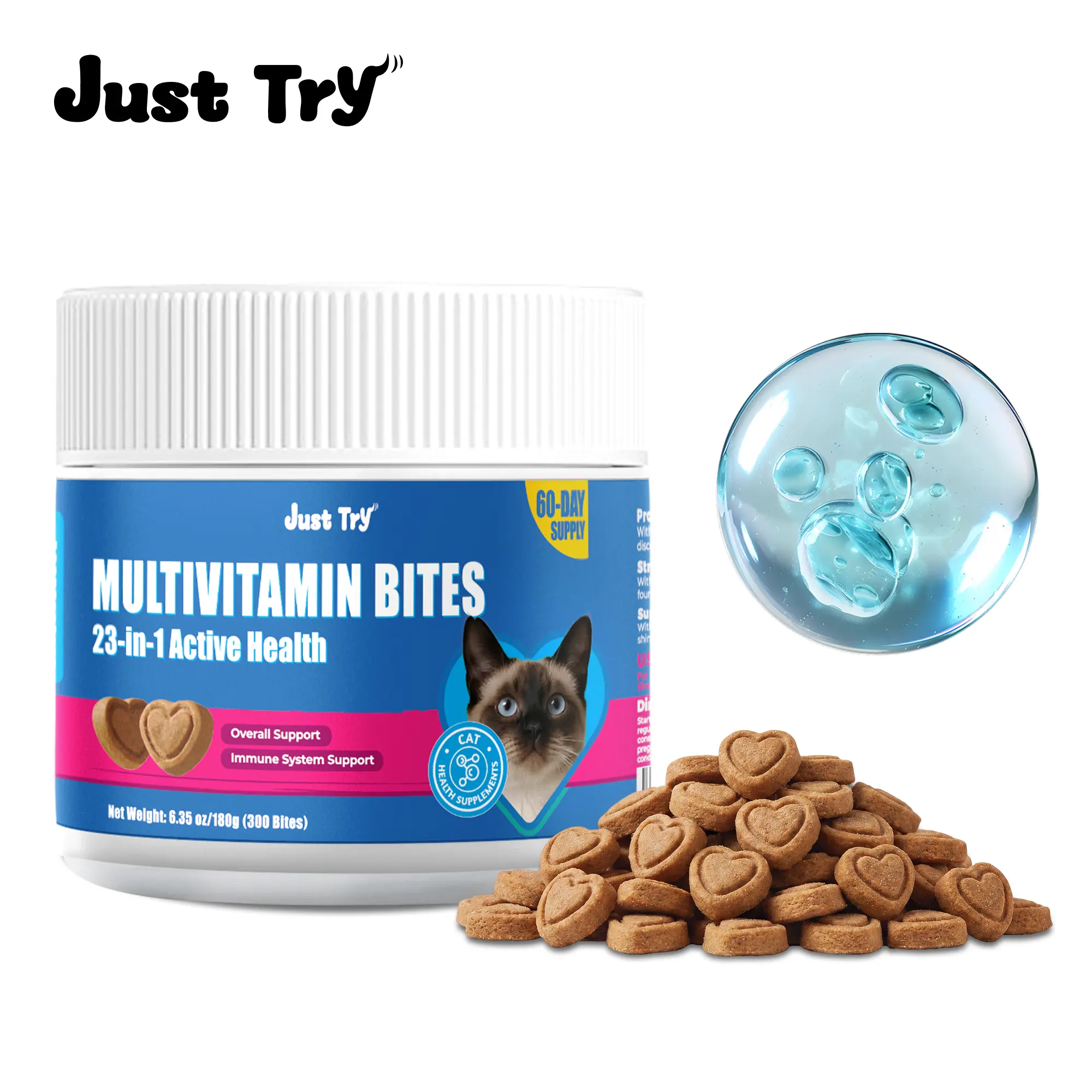 Just Try All-in-One Cat Vitamin Bites for Overall Health Support - Cat Multivitamin with Taurine, L Lysine, Fish Oil for Immune, Heart, Vision & Skin Health - Delicious Soft Chews for Indoor Cats & Kittens