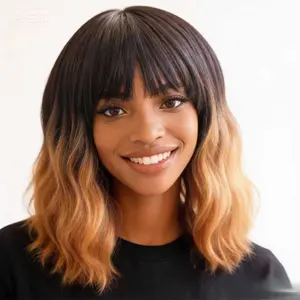 ZIHAN Glueless Women's 16 in Brown Ombre Bob Cut Wig - Gradual Fade Black-to-Brown Wavy with Bangs, Soft Heat-Resistant Synthetic Full Machine Wig for Daily, Party Wear