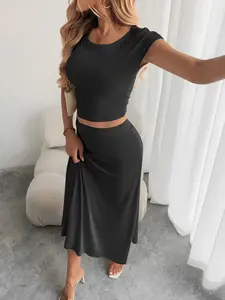 ZAFUL Women's Classic Fashion Solid Black Top & High Waisted Skirt Set Casual Elegant Round Neck Short Clothes for Everyday Elegance - Womenswear