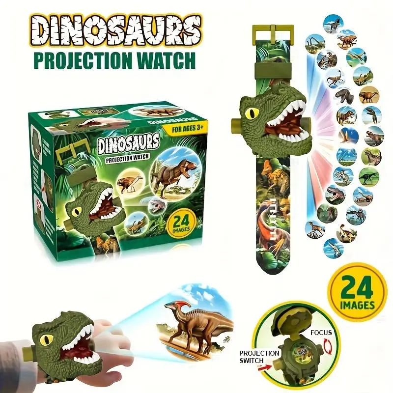 Dinosaur Watch Projector Toy - Nitrosamine-Free, PVC-Free Flip-Over Animal Flashlight with 24 Unique Dinosaur Designs, Adjustable Projection Clarity, Educational Kids' Gift for Learning & Memory Training, 24 Images