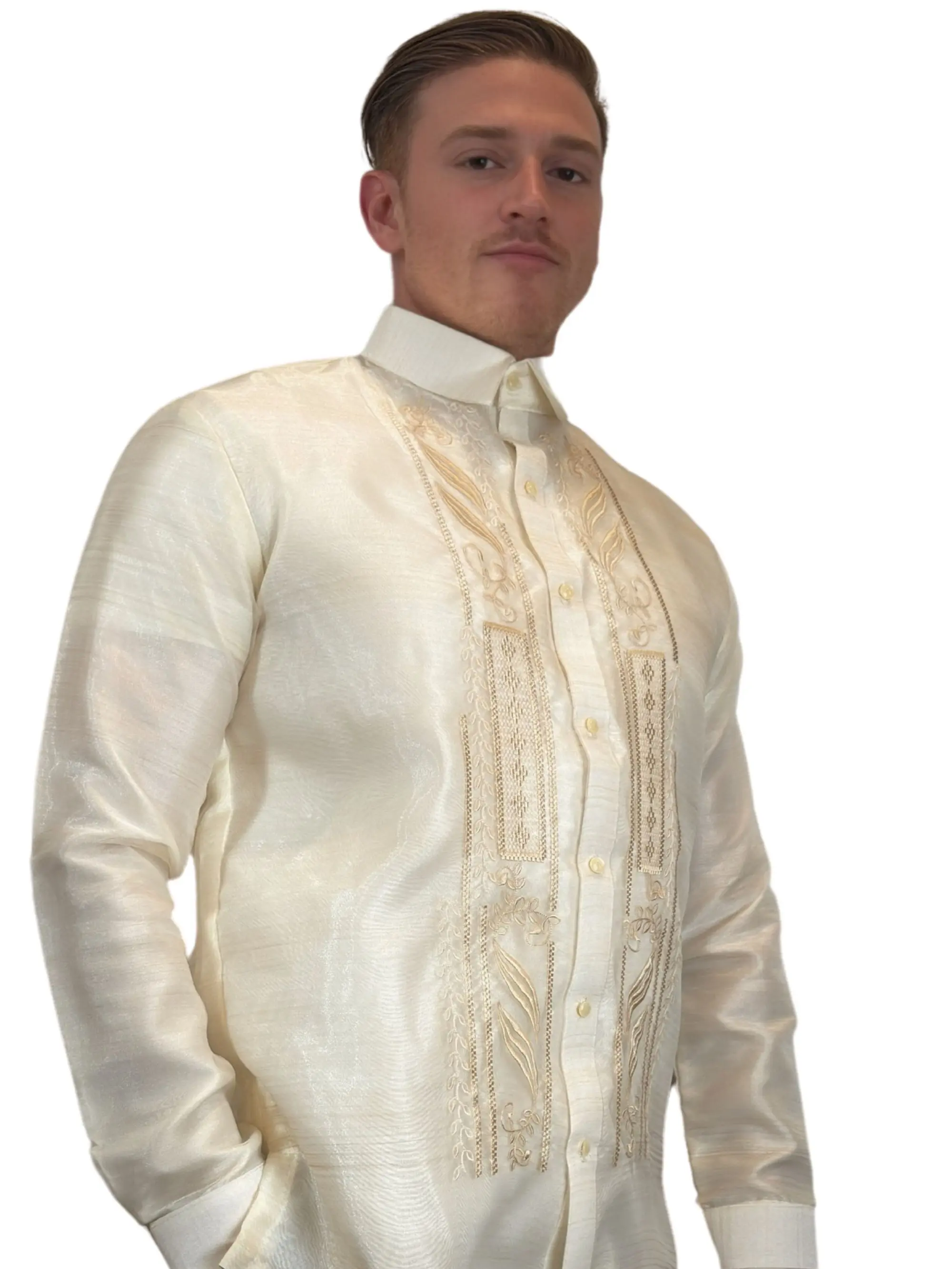 Handmade Barong Tagalog for Men - Ivory White Organza with Pina Style, Two-Tone Embroidery, Long Sleeve Formal Shirt US Size