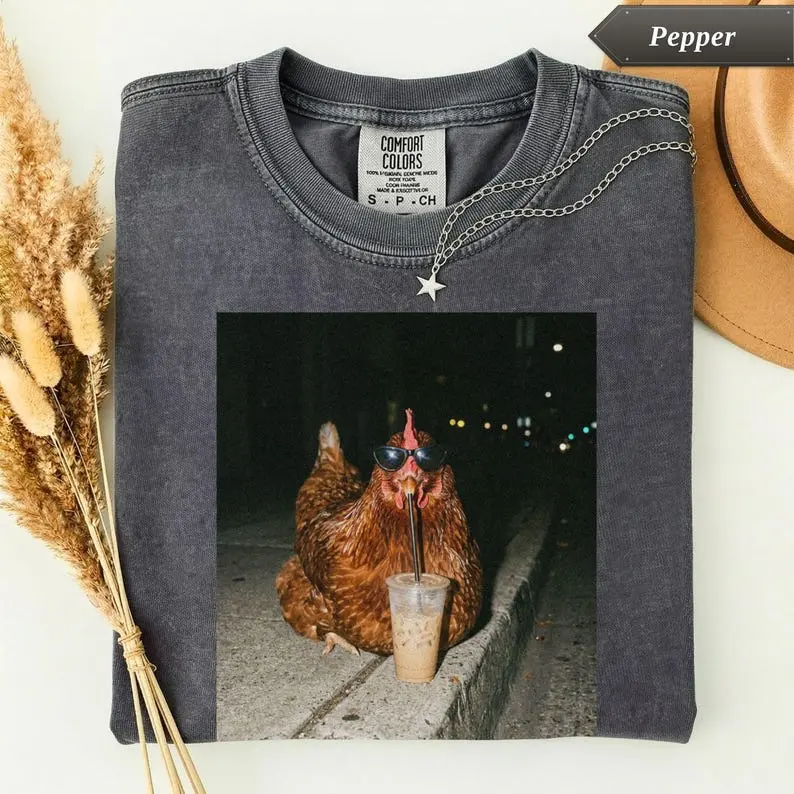 Comfort Colors Chicken Drinking Iced Coffee T Shirt, Funny Animal Graphic Tee, Quirky Gift , Sarcastic Humor TShirt, Trendy Novelty T-Shirt