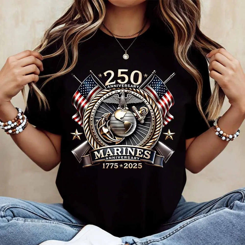 250th Anniversary Marines United States Marine Corps Emblem American Flag Design T-Shirt Women Casual Short Sleeve Top