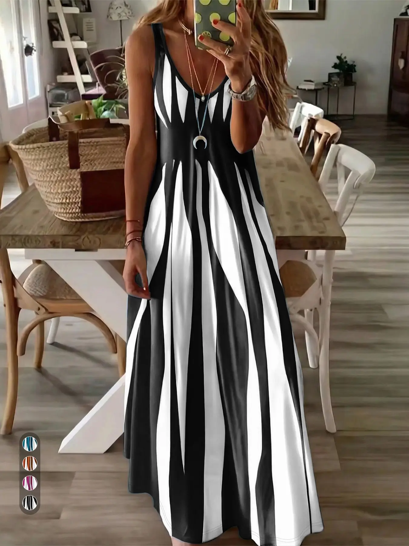 & Stripe Maxi Nightdress, Sleeveless, Comfortable Sleepwear for Women, Stylish Long Dress for Bedroom, Soft Fabric Evening Gown