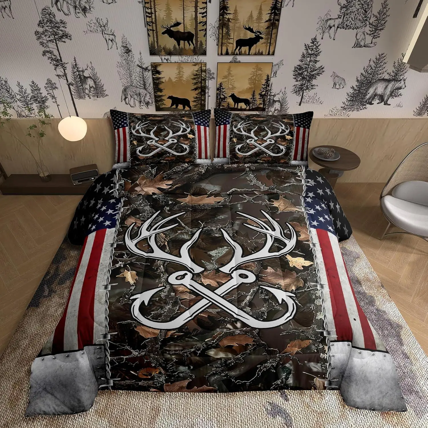 Deer Antler Fishing Comforter Set,Vintage American Flag Bedding Set for Teens Men Room Decor Brown Jungle Branches Camo Quilted Duvet Adventure Hunting Duvet Insert
