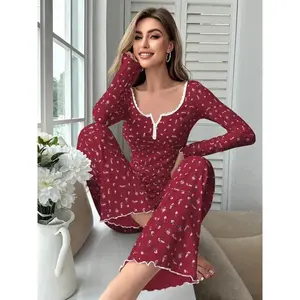 Women's Sexy Deep V Neck Print Pajama Set, Slim Fit Long Sleeve Button-Up Top & Pants, Fashionable Sleepwear for Ladies