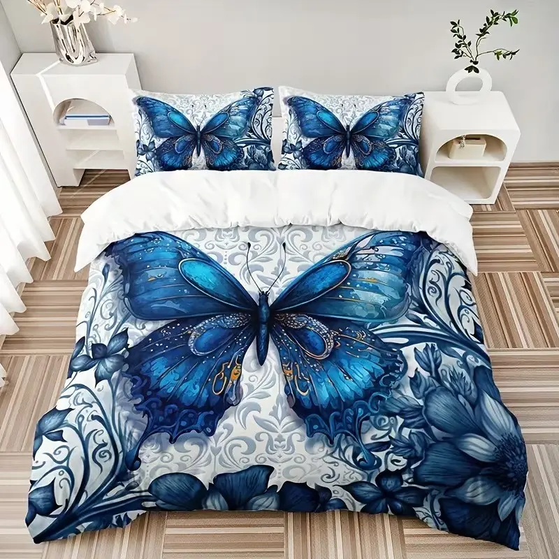 3-piece set, Decorative bedding set with blue butterfly print bedspread, including 1 bedspread + 1/2 pillowcase (without filling), high-definition four-season print, suitable for home and dormitory, cozy bedding, bedroom set, easy to clean, durable