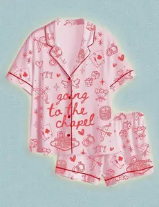 Las Vegas Chapel Coquette Bachelorette Satin Short Pajama Set, Bride Just Engaged Short Pajamas, Matching Family Sleepwear Set, Pajama Set For Men Women Kids