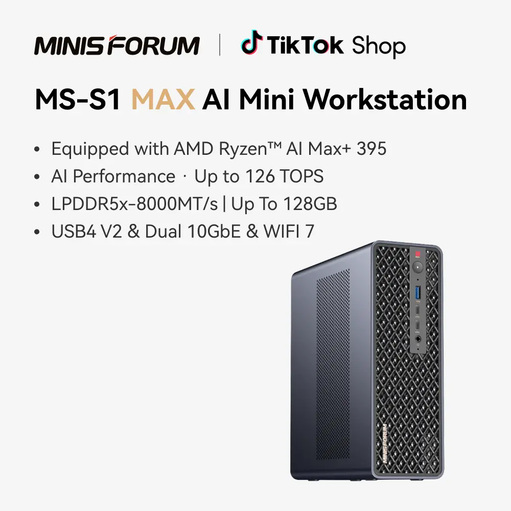 MINISFORUM MS-S1 MAX Mini Workstation Desktop PC - AMD Ryzen AI Max+ 395 (16C/32T), RDNA3.5 GPU, 64GB LPDDR5x RAM, 2TB SSD, Dual M.2 PCIe 4.0, PCIe x16 Slot, USB4 V2 (80Gbps), Dual 10GbE, 320W PSU, Wi-Fi 7, AI Processing Computer