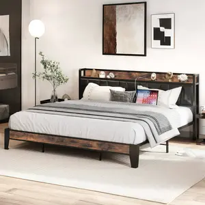 Bed Frame, Storage Headboard with Charging Station, Solid and Stable, Noise Free, No Box Spring Needed, Easy Assembly