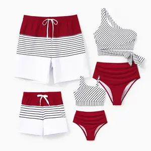 PatPat Family Matching Swimsuits Red Striped One-Shoulder Bikini or Colorblock Swim Trunks Matching Beachwear Outfits for Summer, Cruise, Vacation
