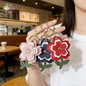 Handmade Stitched PU Leather Sakura Keychain, Creative Cherry Blossom Bag Charm, Cute Floral Accessory & Small Gift for Women