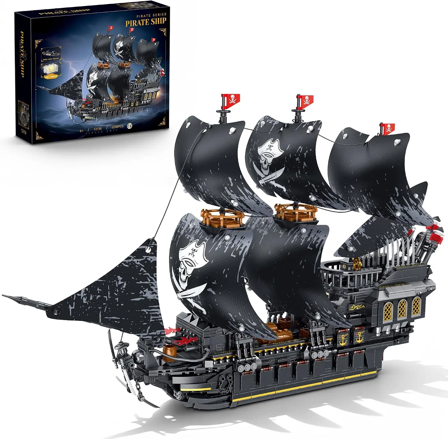 Jyrue Pirate Ship Building Set with Lights, MOC Black Pearl Building Toys Compatible with Lego, Big Boat Building Block for Adults, Collectible for Home Decor, Birthday Gift for Boys 8-14(2288Pcs)