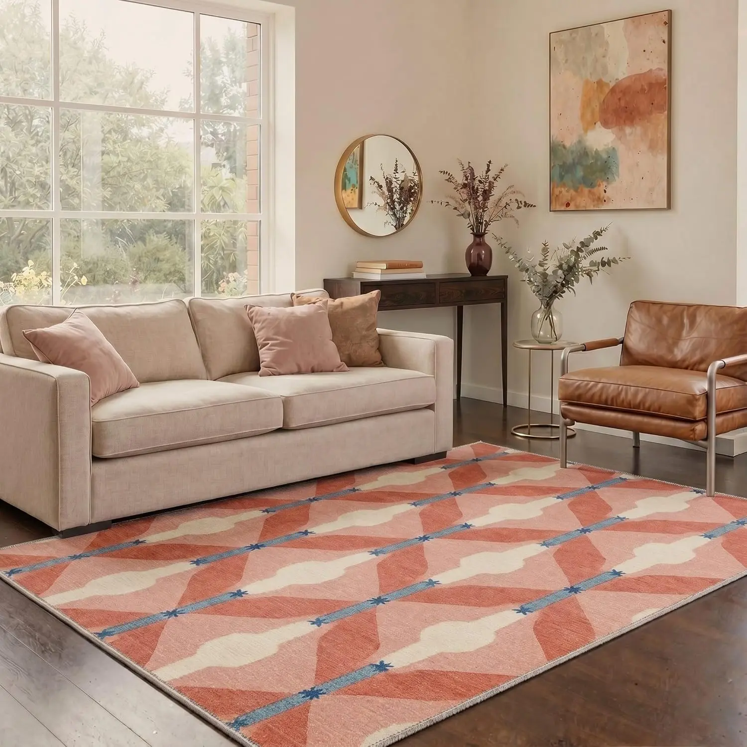 【Back To School】GENIMO Washable Area Rugs with Non Slip Backing Low Pile Geometric Stripe Print for Living Room Bedroom Dining Room Modern Minimalist Decor, Dusty Coral