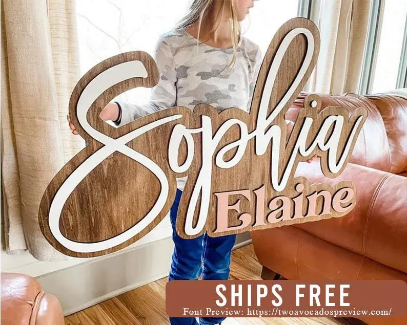 Large wood name sign, nursery name sign, boho nursery sign , above crib cut out, layered baby name sign, double baby name sign, cut out sign