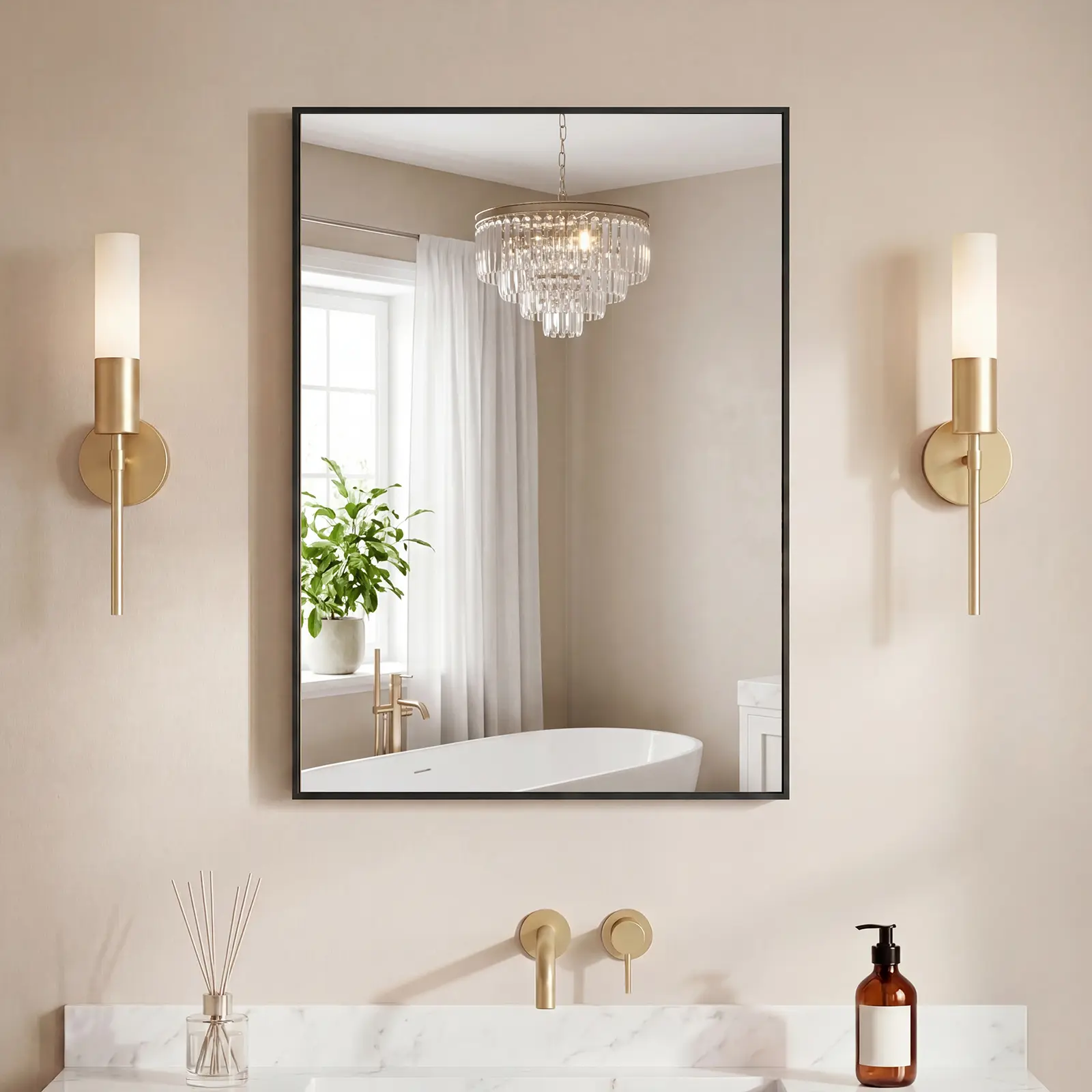Square Corner Rectangular Bathroom Mirror, Brushed Aluminum Matte Black Frame Wall Mirror for Over Sink Living Room Entryway