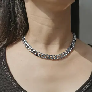 Basic Punk Choker Necklace for Women Stainless Steel Cuban Curb Box Rope Short  Link Chain Simple Jewelry