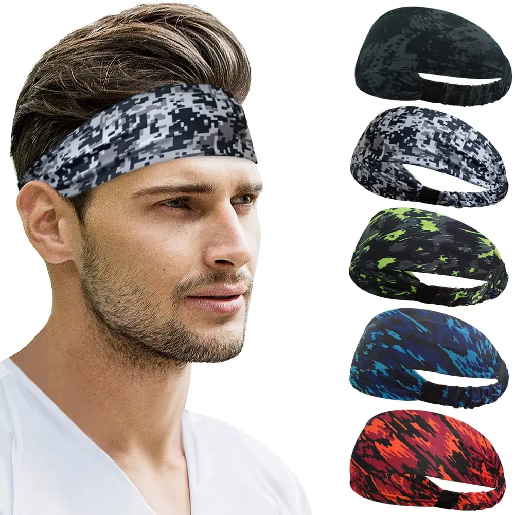5 Pack Sports Headbands for Men, Sweat Bands Headbands Men Absorbent Head Band Stretchy Sweatbands Hair Band Workout Football Running Cycling Fitness