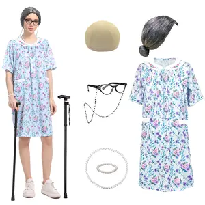 AYJKSEVEN Women's Old Lady Wig Costume Kit, 100 Days of School Granny Dress Cosplay, 8PCS Suit- Grandma Wig and wig Cap, Retro Glasses with chain, Faux Pearl Jewelry, Cane, Blue Floral Dress Suit