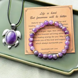 Natural Amethyst Turtle Necklace and Natural Amethyst Bracelet with Blessing Card, Better Tomorrow, Best Christmas Gift for Friends and Family