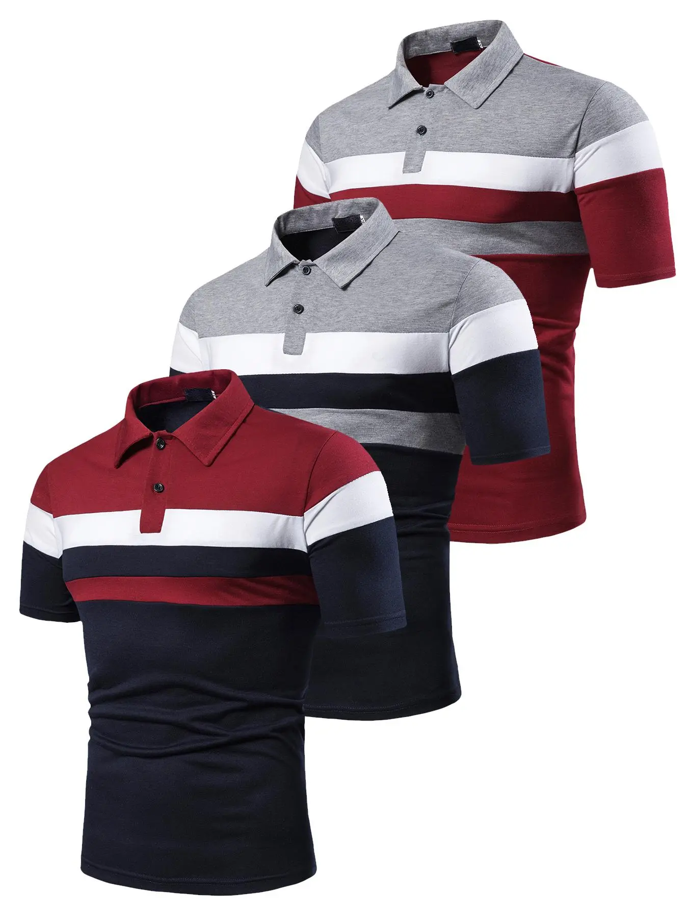 Men's Colorblock Short-Sleeve Knitted Button Up Polo Shirt, Regular-Fit Casual Button-Front Polo Top for Summer Daily Wear