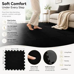 12-Pack Thick Interlocking Carpet Tiles for Full Coverage in Bedrooms and Living Rooms, Warm Bedside Mats, Washable Soft Non-Slip Floor Mats, 11.8x11.8 Inches (Model DM175-009, Suitable for 30,000 Households)