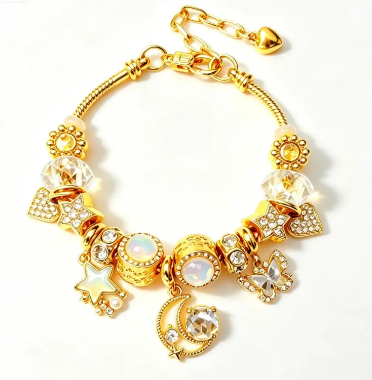 Gold Star Moon Butterfly Charm Bracelet, Clear Crystal Rhinestone Beaded Snake Chain Bracelet, Adjustable 9.06 Inches Jewelry Gift for Women Girls