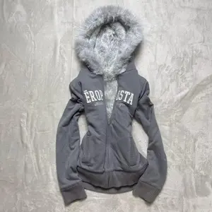 American original gray thickened hooded sweatshirt jacket for women retro slim hottie design warm zipper jacket