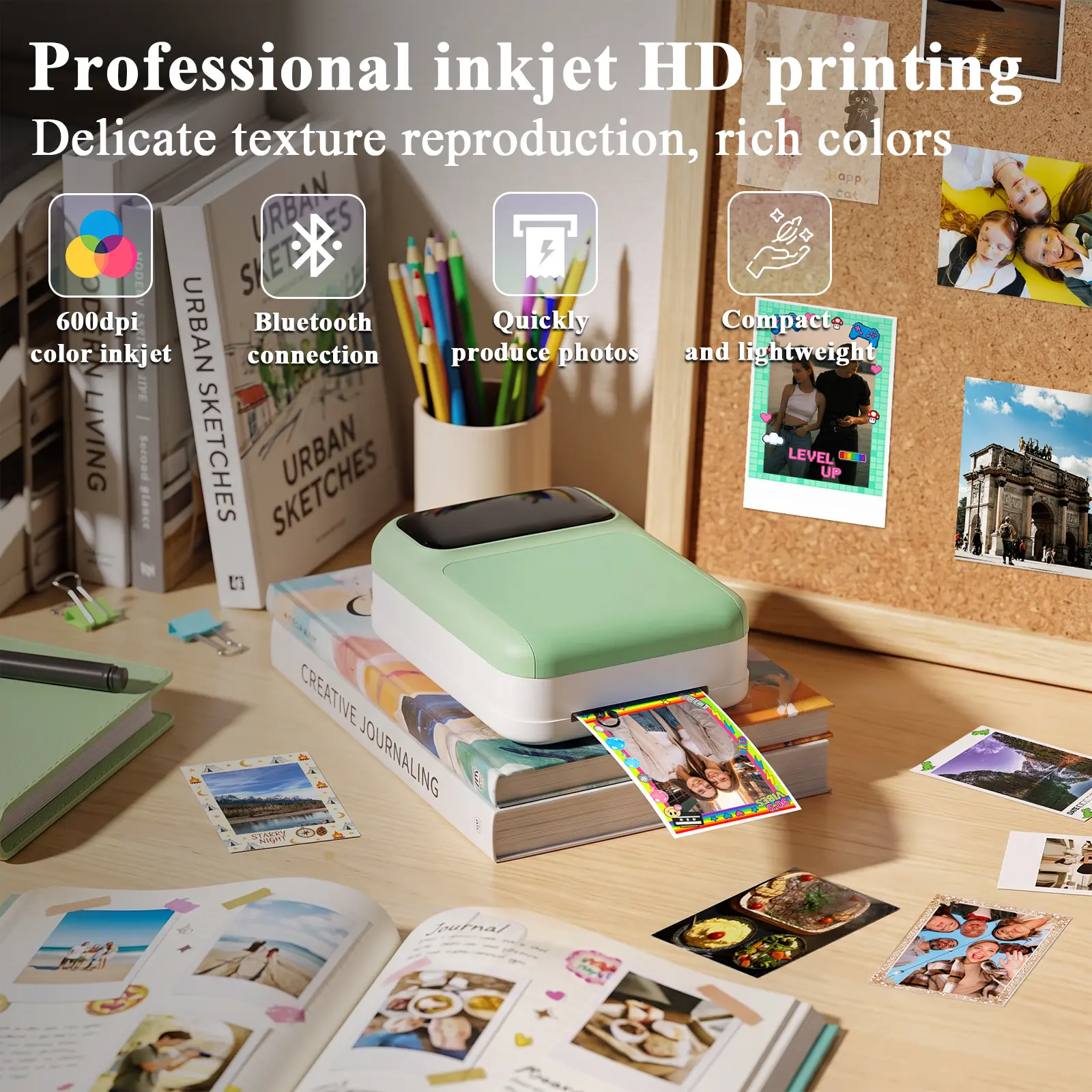 4-in-1 Pocket Creative printer, instant color inkjet mini printer with adhesive back photos, student portable Bluetooth printer, personalized sticker DIY instant printing, USB rechargeable, ink cartridge replaceable
