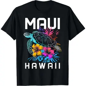Maui Hawaii Sea Turtle Diving Flower Hawaii Souvenir T-Shirt   Graphic tees Shortsleeve Casual