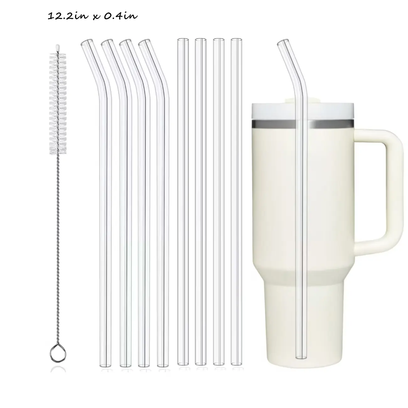Thick Glass Straw Drinkware Set (8 Pieces) – Straight & Bent Tumbler Straws, 31cm/12.2in Extra-Long Food-Grade High Borosilicate Options for 40oz & 30oz Cups, Includes 2 Cleaning Brushes