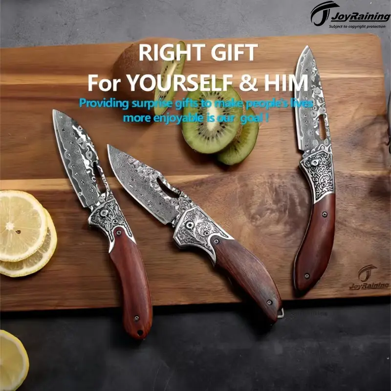 JoyRaining-Classic Small Knife(K001~003), Exquisite Handcrafted Knife with Wooden Handle and Damascus Blade, Multifunction Suitable for Home Kitchen,