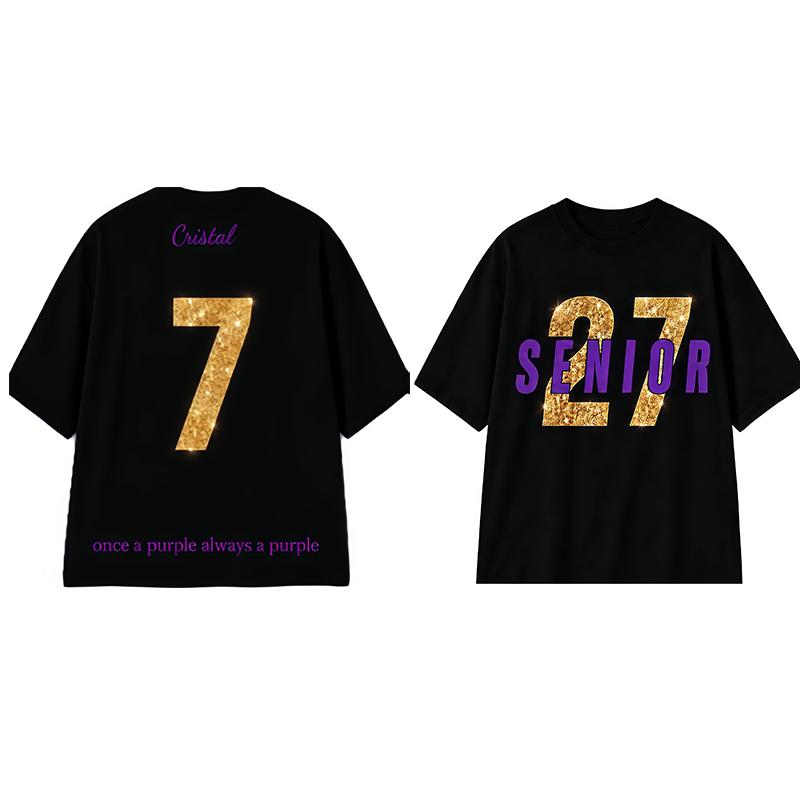 Oversized Personalized Print Senior 2 Graduation Short-Sleeve Tshirt - Custom Name&Number, Loose Round Neck, Black/Gold/Purple, Stylish Casual Festive Streetwear Sports Top, Thoughtful Grad Gift for Outdoor Use