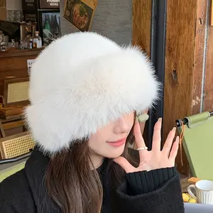 Thickened Warm Soft Fluffy White Bucket Hat, Polyester Knitted Fashion Fleece Ear Protector Hat, Simple Design, Elastic Fit, Suitable For Clothing Matching, Photo Taking, Ladies Hat, Winter Windproof Cap, Home & Living, Holiday Party Hats
