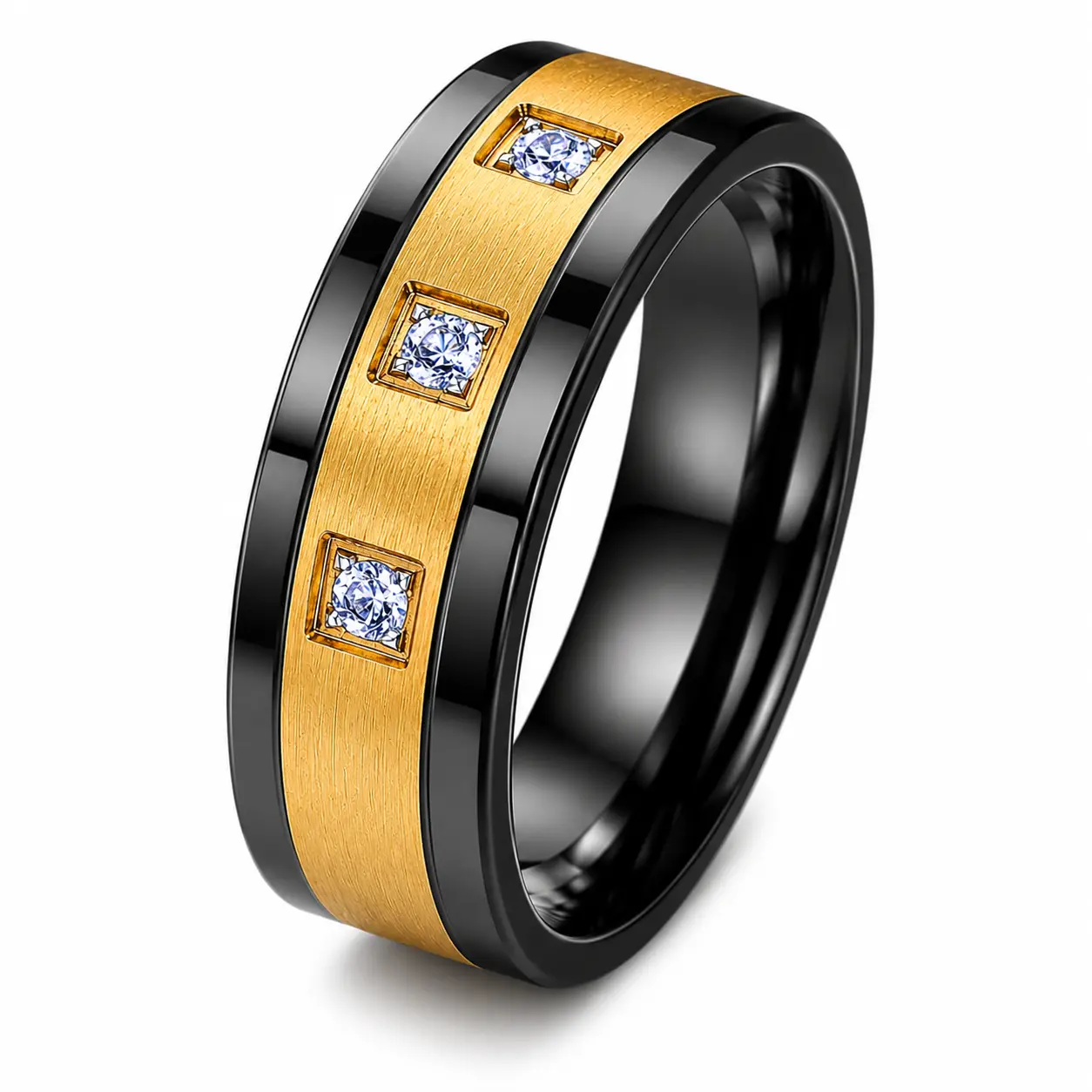 Men’s 8mm Black & Gold Tungsten Carbide Wedding Band - Brushed Center, 3 CZ Stones, Comfort Fit, Beautiful Rings, Dark Aesthetic Rings, Jewelry for Engagement, Father's Day, Zircon, Metal Rings