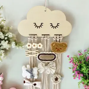 Cloud-Shaped Hair Clip Organizer Rack, Creative Wooden Design, Cute Closed Eye Cloud Decoration, Multi-Clip Hanging Storage Solution, Hangable, Wall Hanging Decor