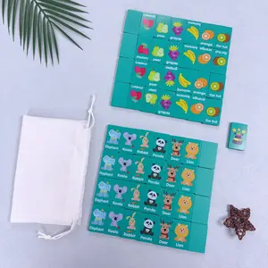 Wooden Dominoes Game, 57pcs/box Fruit & Animal Pattern Dominoes Game with Storage Bag, Educational Kids Game Tabletop Board Games Toy for Boys & Girls
