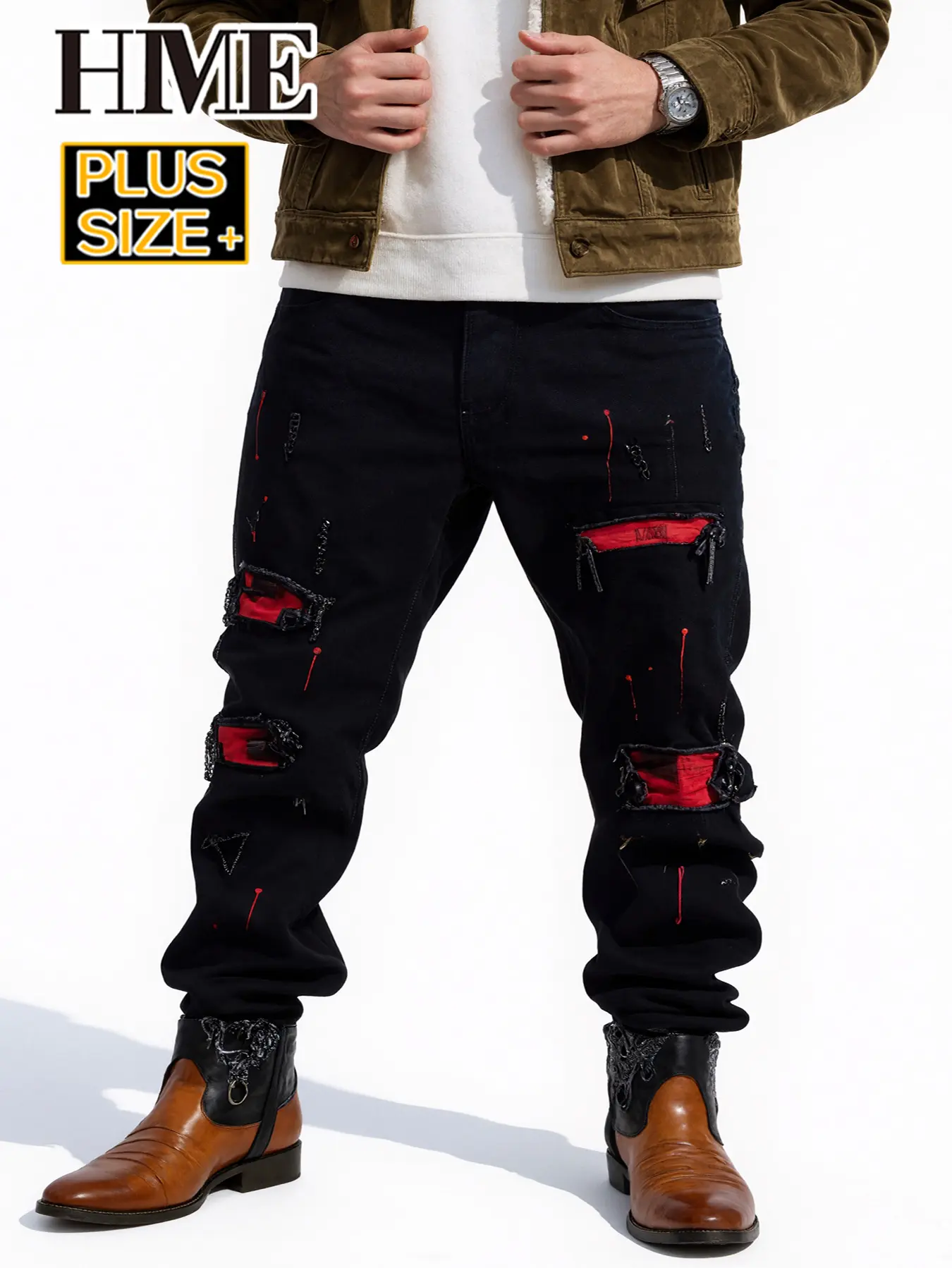 Men’s plus-size red ripped jeans, cotton men’s fashion streetwear, stylish plus-size cotton denim long pants