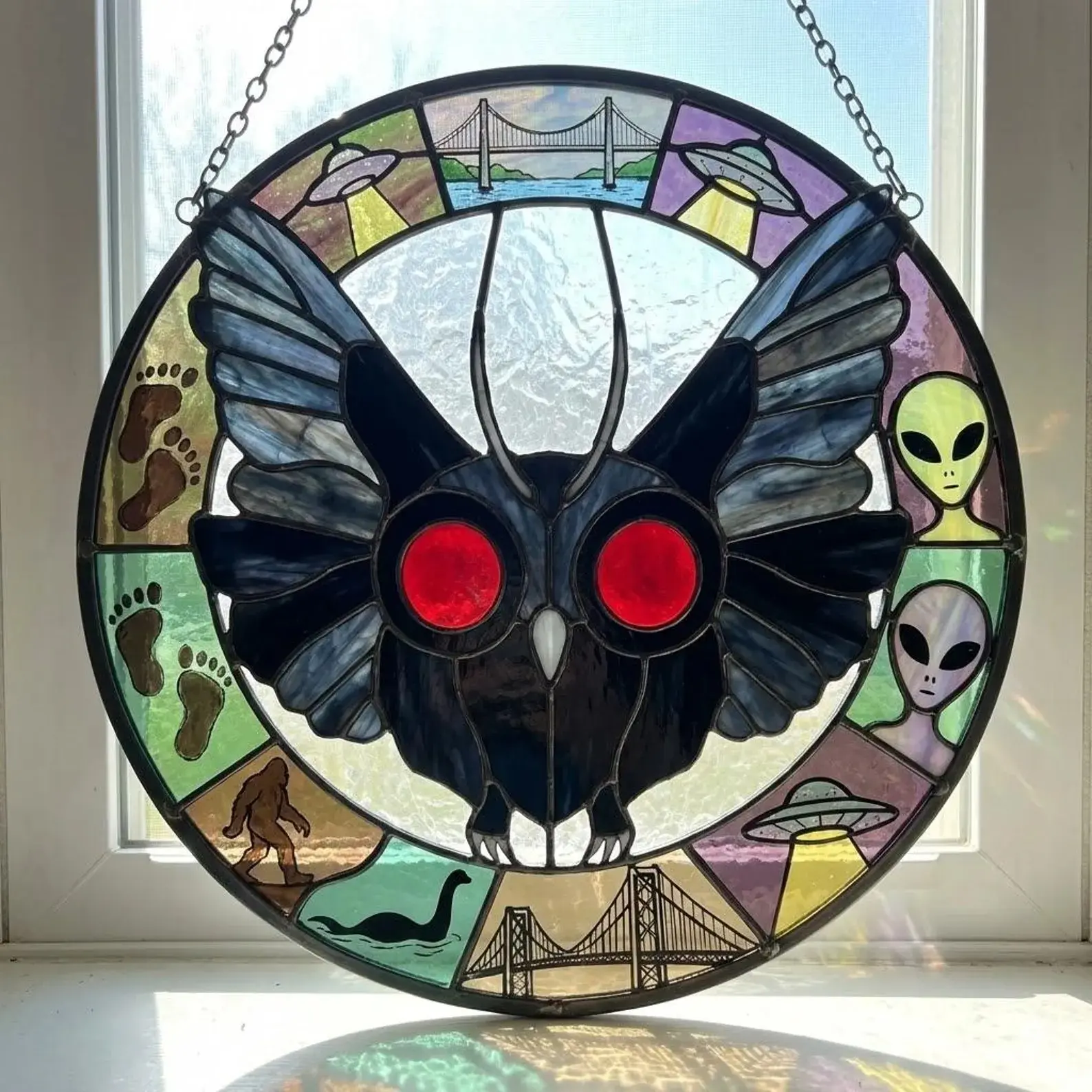 Mothman Stained Glass Suncatcher, Cryptid Window Hanging Decor, Spooky Season Room Aesthetic