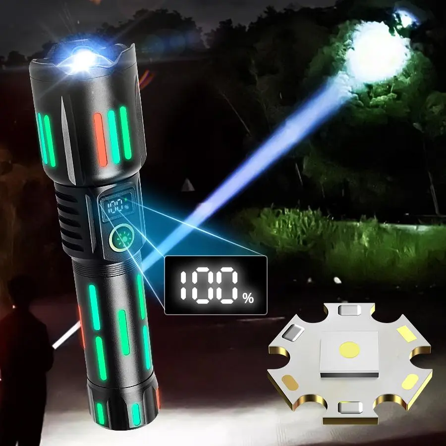 Zoomable Lighting High Power Flashlight, 1 Box Rechargeable Alloy Handheld Torch with Battery Display, Suitable for Patrol, Camping, Mountaineering, Hiking, USB Rechargeable Flashlight, Portable Handheld Flashlight